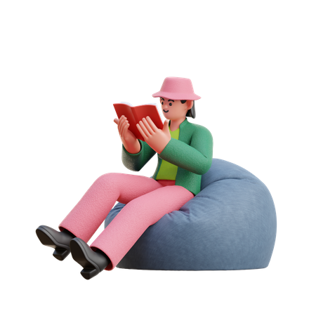 Woman Reading A Book While Sitting On Bean Bag 3D Illustration