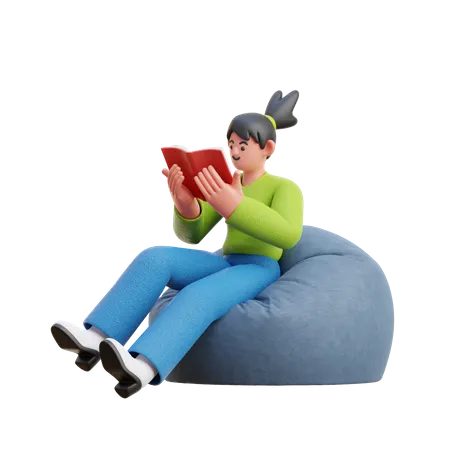 Woman Reading A Book While Sitting On Bean Bag  3D Illustration