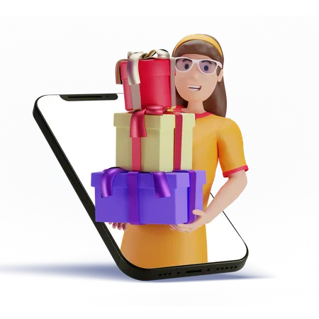 Woman receiving online gifts 3D Illustration