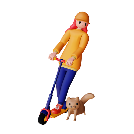 Woman riding electric scooter with cat  3D Icon