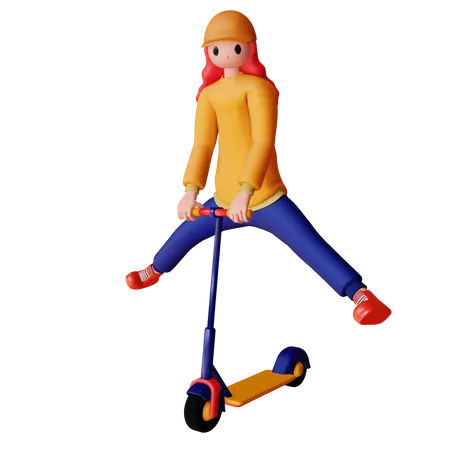 Woman riding electric scooter with stretched legs  3D Illustration