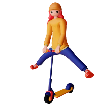 Woman riding electric scooter with stretched legs 3D Illustration