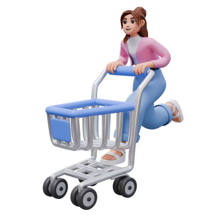 Woman Riding Shopping Cart  3D Illustration