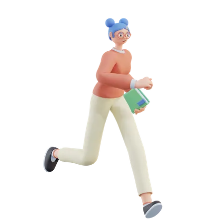 Woman running while carrying a Book  3D Illustration