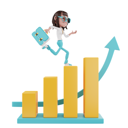 Woman running with a suitcase over charts and arrows  3D Icon