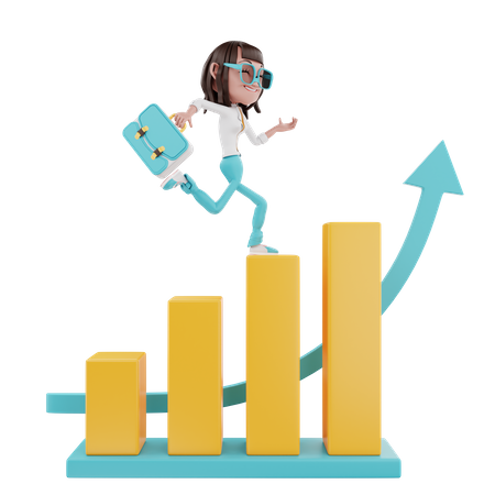 Woman running with a suitcase over charts and arrows  3D Illustration