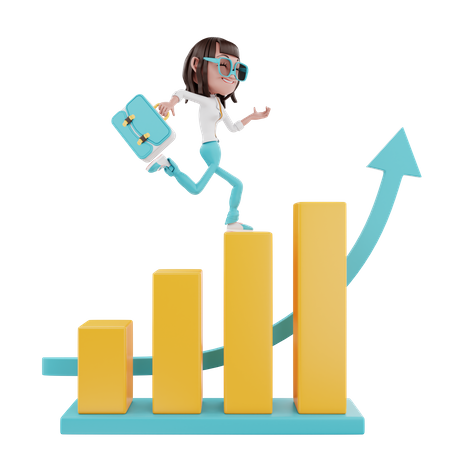 Woman running with a suitcase over charts and arrows 3D Illustration