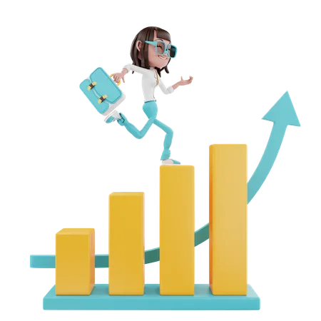Woman running with a suitcase over charts and arrows 3D Illustration