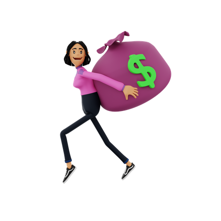 Woman running with money bag  3D Illustration