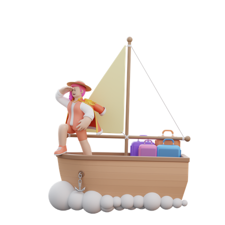 Woman Sails On Boat  3D Illustration