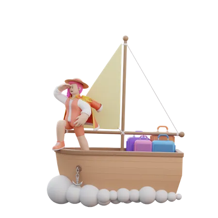3 D Woman Sails On Boat 3D Illustration