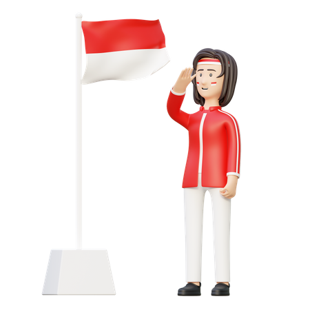 Woman saluting indonesia flag  3D Illustration