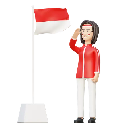 Woman Saluting Flag Of Indonesia Independence Day 3 D Cartoon Illustration 3D Illustration