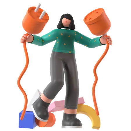 Woman saves Electricity  3D Illustration