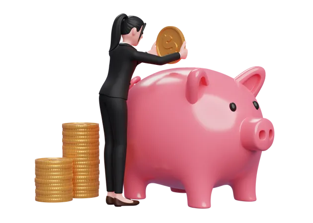 Woman saving money inside piggy bank  3D Illustration