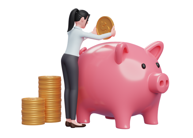 Woman saving money inside piggy bank  3D Illustration