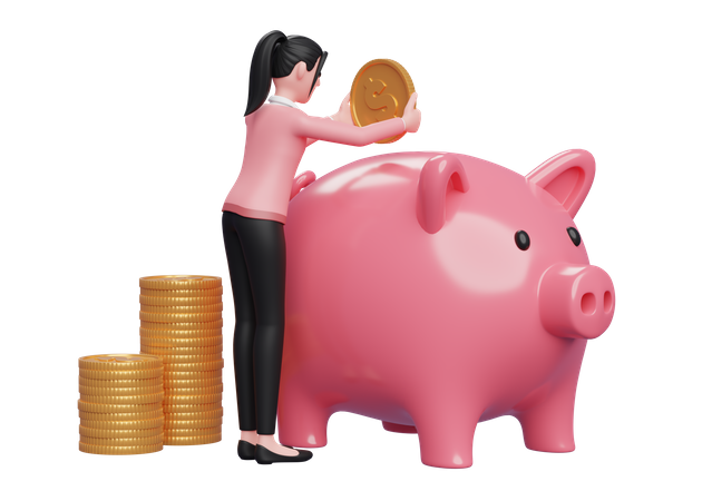 Woman saving money inside piggy bank  3D Illustration