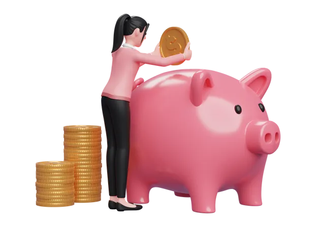 Woman saving money inside piggy bank  3D Illustration