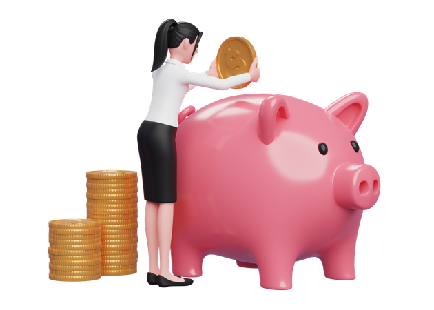 Woman saving money inside piggy bank  3D Illustration