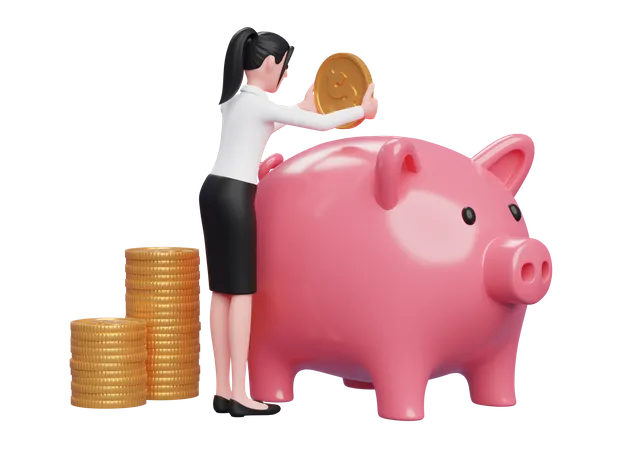 Woman saving money inside piggy bank  3D Illustration