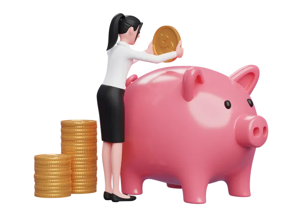 Woman saving money inside piggy bank 3D Illustration
