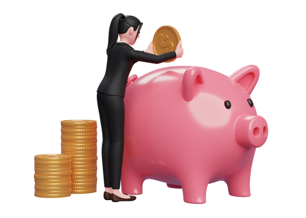 Woman saving money inside piggy bank 3D Illustration