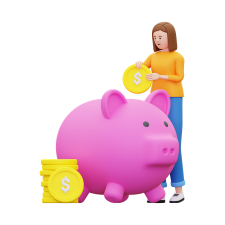 Woman Saving Money Into Piggy Bank  3D Illustration