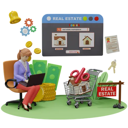 Woman Searching Real Estate on website  3D Illustration