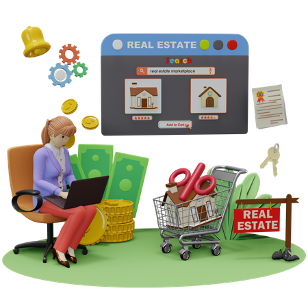 Woman Searching Real Estate on website  3D Illustration