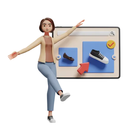 Woman selecting and buying shoes online via tablet  3D Illustration