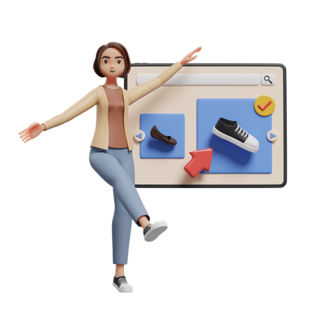 Woman selecting and buying shoes online via tablet  3D Illustration