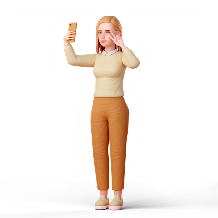 Woman selfie with peace hand near eye  3D Icon