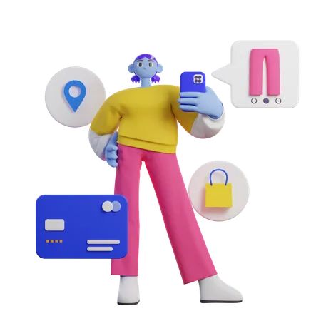 Woman Shopping Online And Holding Mobile  3D Illustration