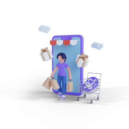 Woman shopping via smartphone app  3D Illustration