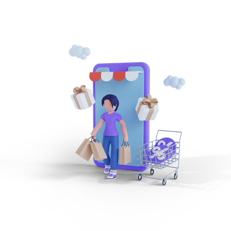 Woman shopping via smartphone app 3D Illustration