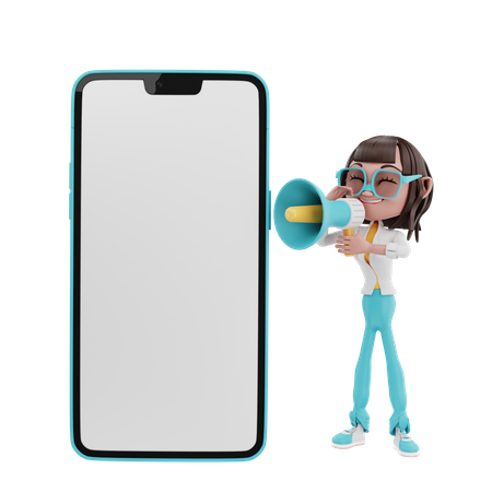 Woman shouting in megaphone with cellphone  3D Icon