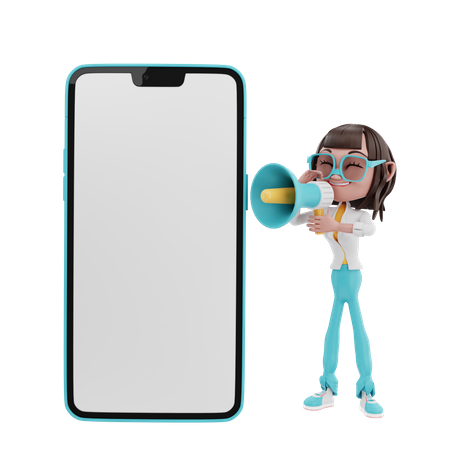 Woman shouting in megaphone with cellphone  3D Illustration