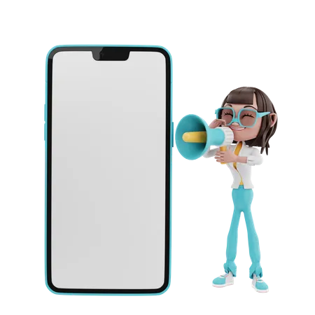 Woman shouting in megaphone with cellphone  3D Illustration