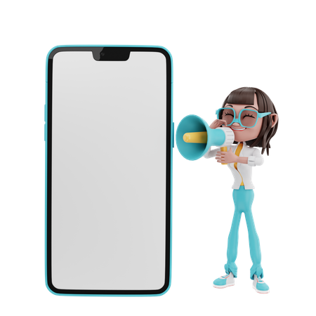 Woman shouting in megaphone with cellphone 3D Illustration