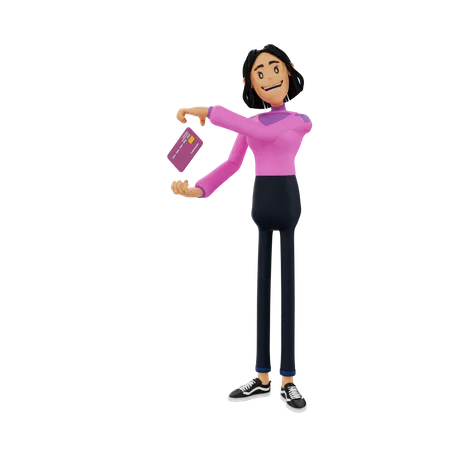 Woman showing bank card 3D Illustration