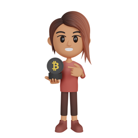 Woman Showing Bitcoins  3D Illustration