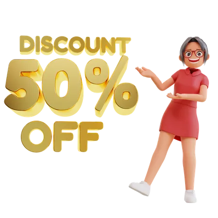 Woman Showing discount 50 percent off  3D Illustration