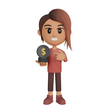 Woman Showing Dollar Coins  3D Illustration