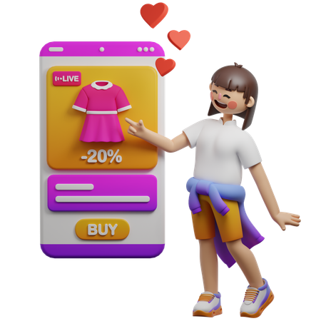 라이브 숍에서 구매하는 모습을 보여주는 여성  3D Illustration