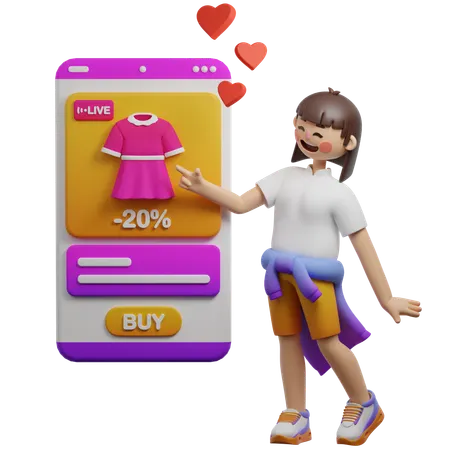 라이브 숍에서 구매하는 모습을 보여주는 여성  3D Illustration