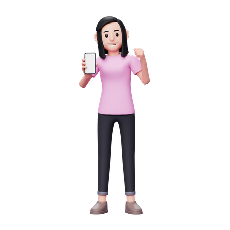 Woman showing phone screen with winning gesture  3D Icon