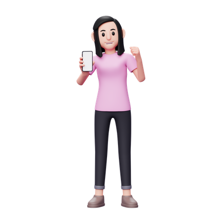 Woman showing phone screen with winning gesture 3D Illustration