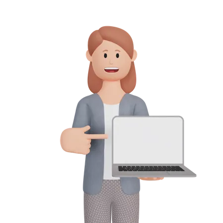 Woman showing screen of laptop 3D Illustration
