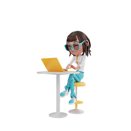 Woman sit and focus with laptop at table  3D Icon