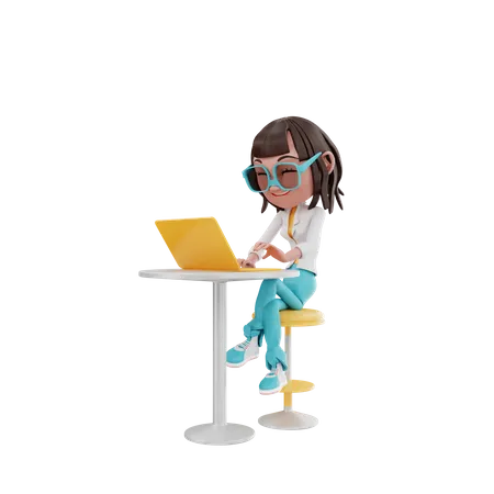 Woman sit and focus with laptop at table  3D Illustration